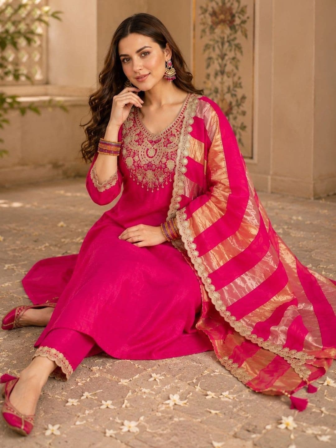 Sangria Women Ethnic Motifs Embroidered Regular Dupion Silk Kurta with Trousers & With Dupatta thumbnail 7