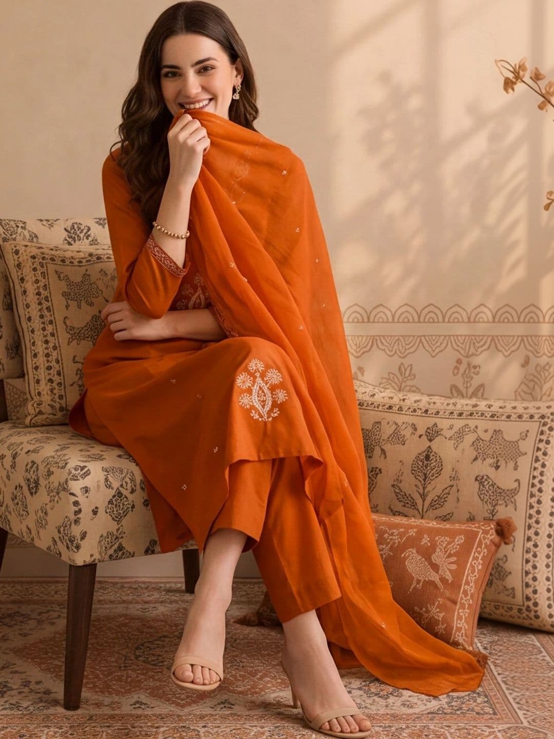 Anouk Women Ethnic Motifs Embroidered Regular Thread Work Pure Cotton Kurta with Palazzos & With Dupatta thumbnail 4