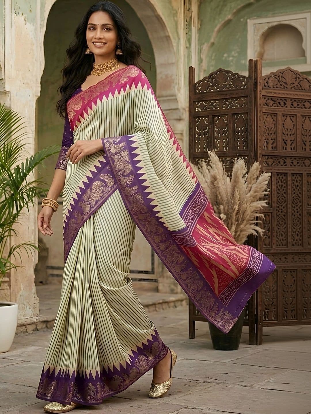 Mitera Striped Zari Silk Blend Designer Saree thumbnail 4