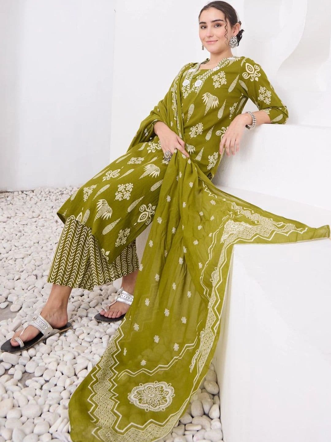 KALINI Women Ethnic Motifs Printed Regular Mirror Work Pure Cotton Kurta with Trousers & With Dupatta thumbnail 7