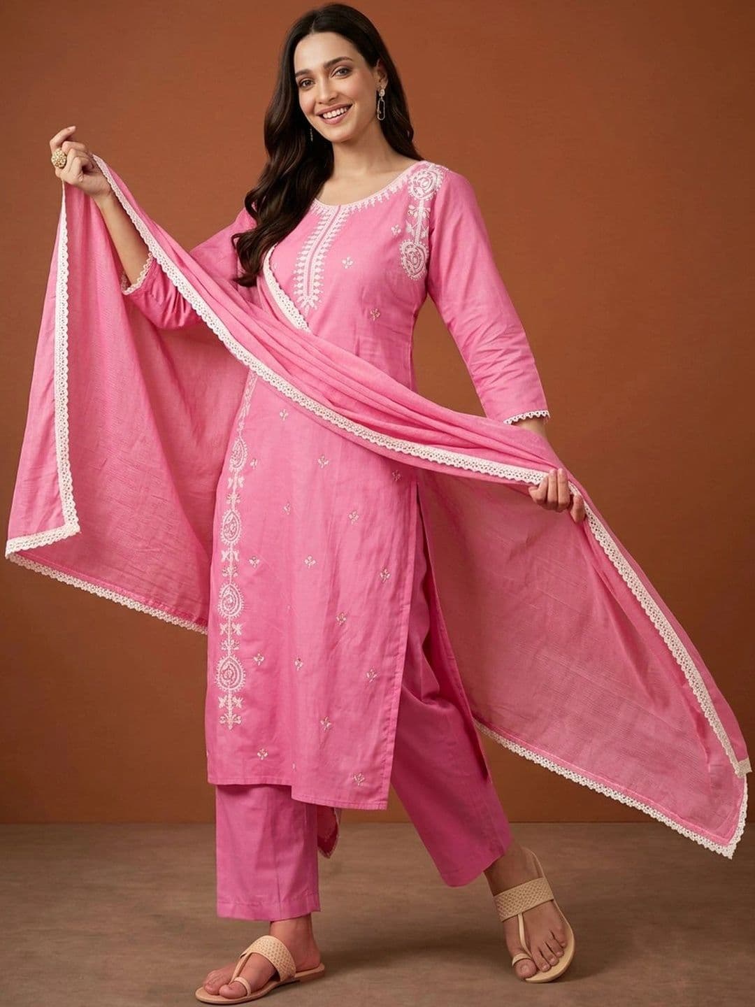 Sangria Women Ethnic Motifs Embroidered Regular Thread Work Pure Cotton Kurta with Trousers & With Dupatta - view 1