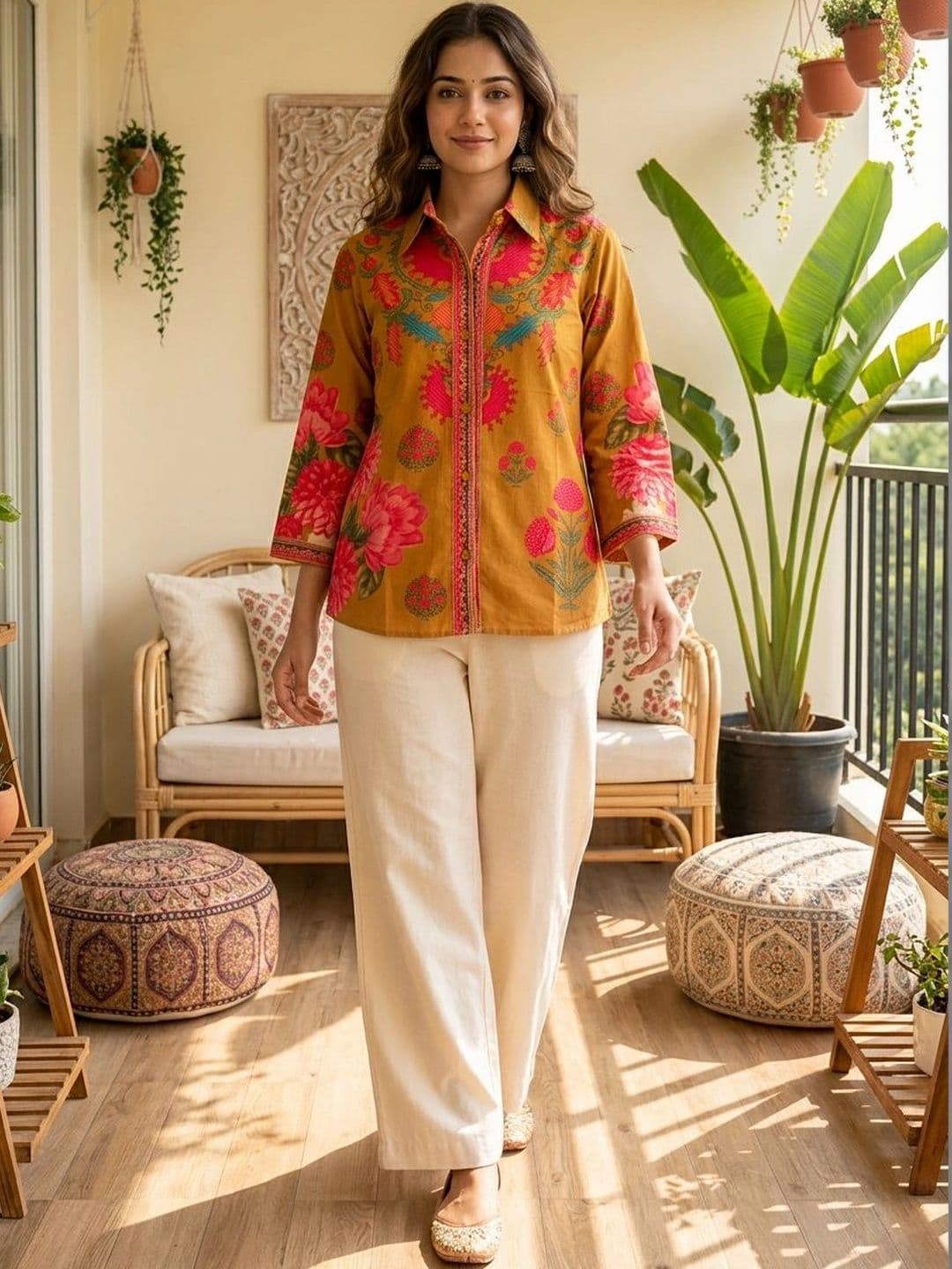 Anouk Floral Printed Shirt Collar Pure Cotton Blend Kurti thumbnail 5