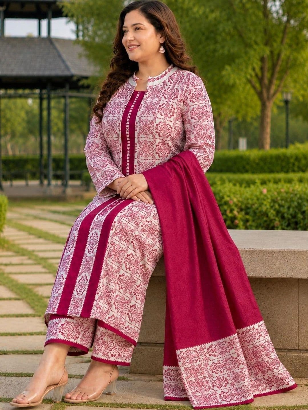 BRAND BORN Women Majenta Woolen 4 Pc Kurta Set with Jacket Trouser Dupatta thumbnail 4
