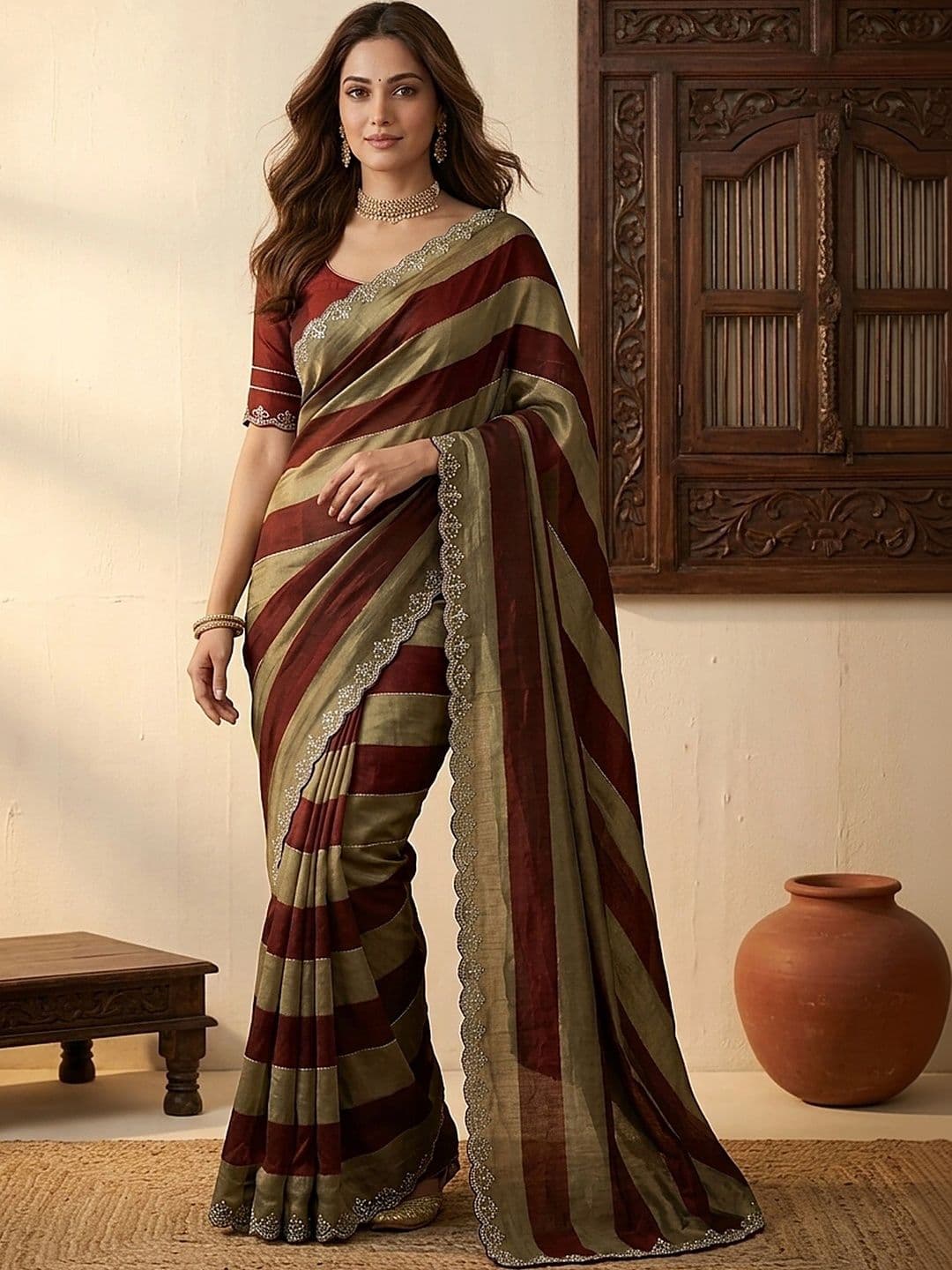 all about you Striped Embroidered Silk Blend Fusion Saree thumbnail 4