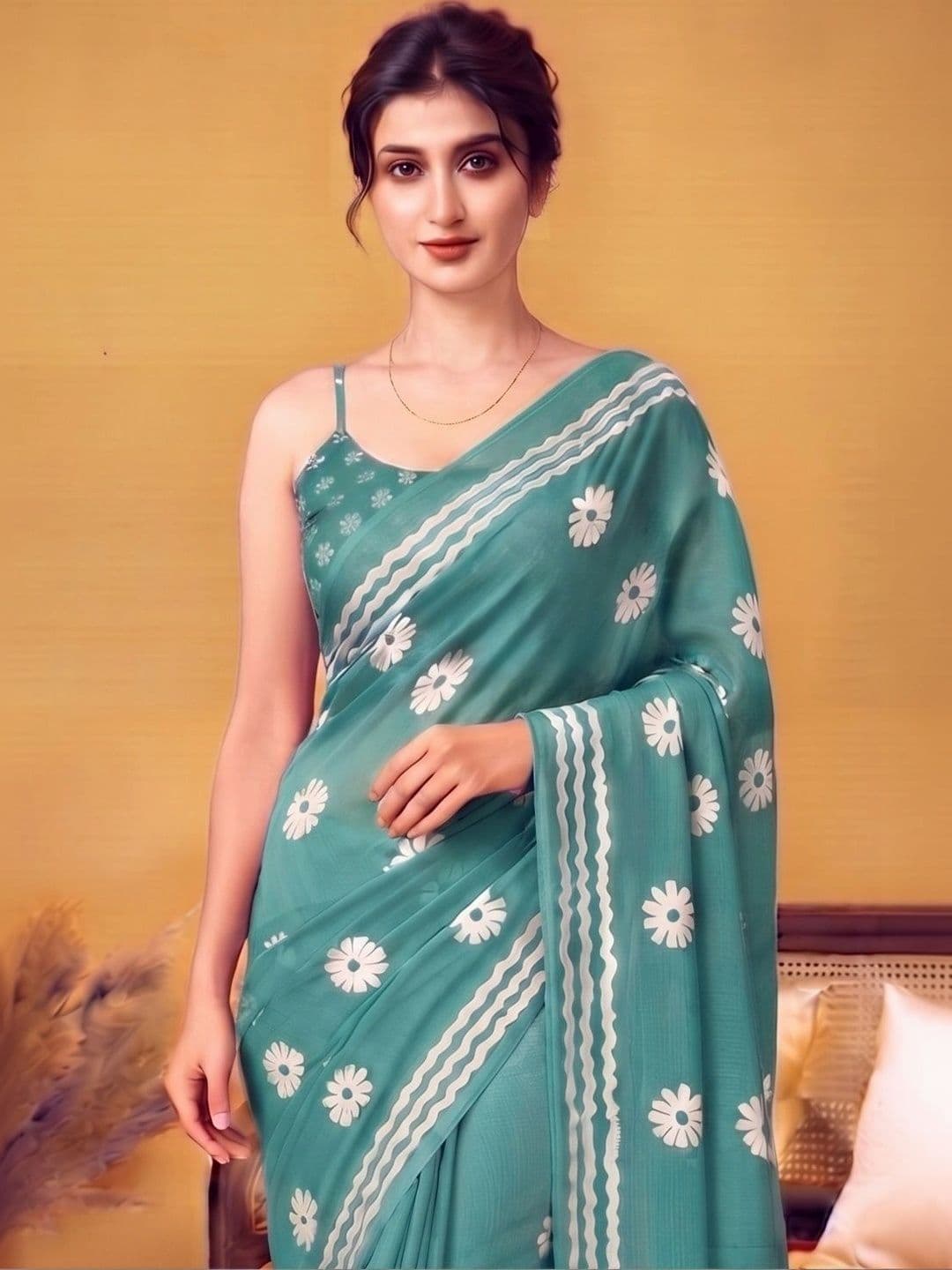 MAGNEITTA Floral Pure Chiffon Designer Saree thumbnail 4