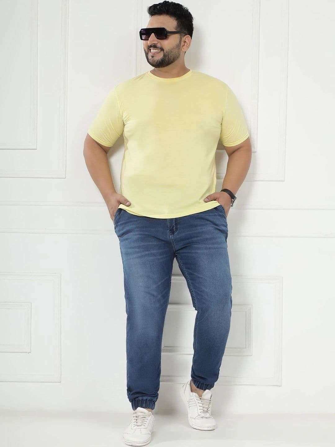 John Pride Plus Size Men Mid-Rise Stretchable Elasticated Waist Light Blue Jogger Jeans thumbnail 4