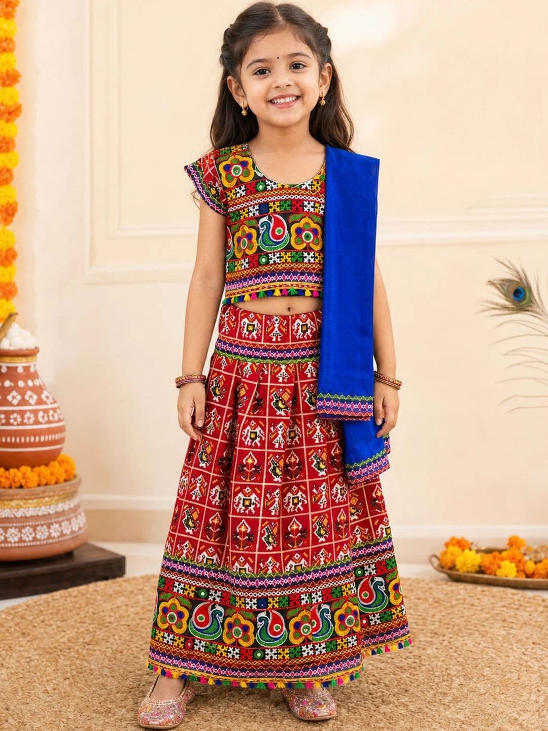 LITTLE GINNIE Girls Embroidered Thread Work Ready to Wear Lehenga & Blouse With Dupatta - view 1