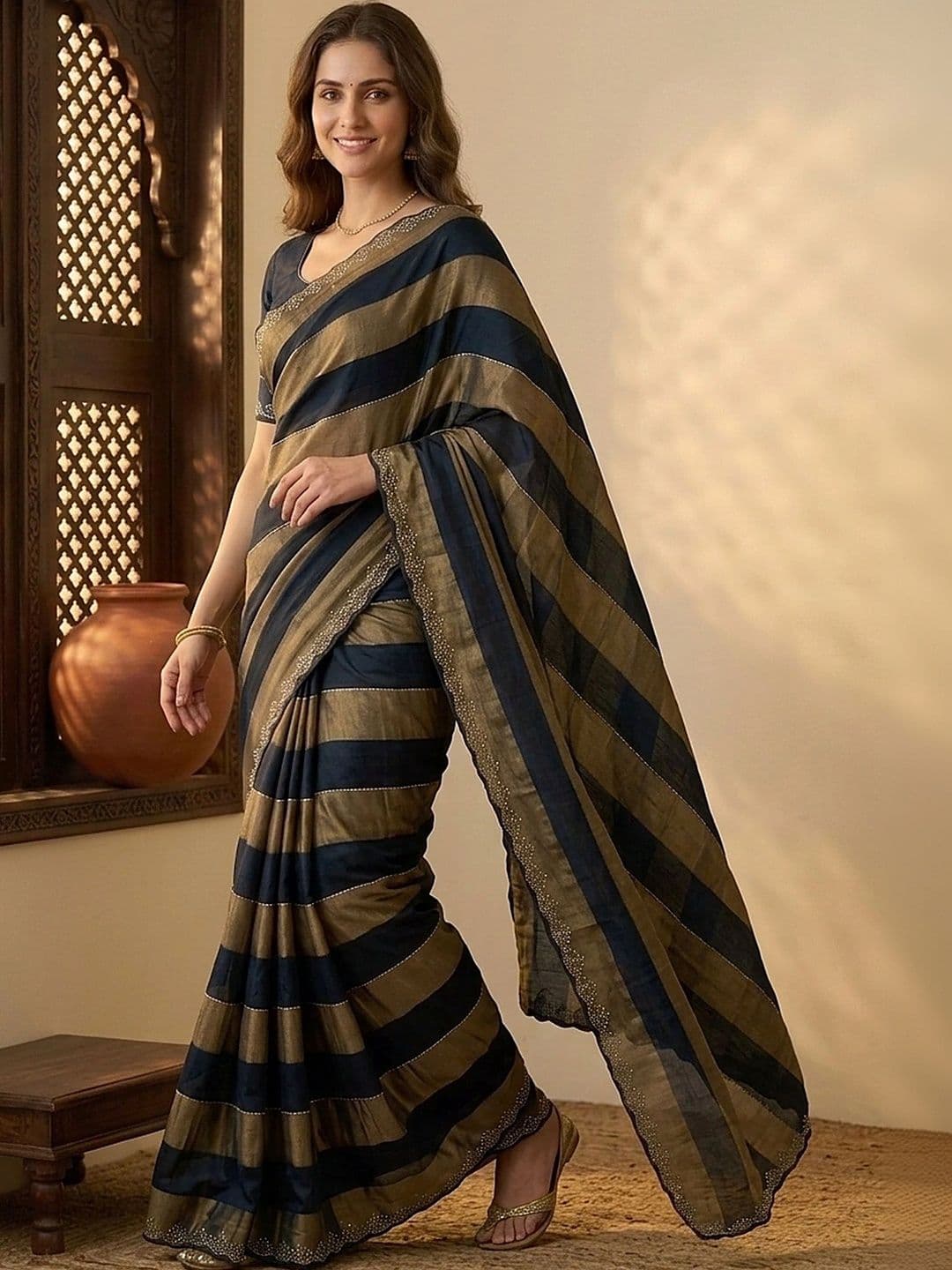 all about you Striped Embroidered Silk Blend Fusion Saree thumbnail 3