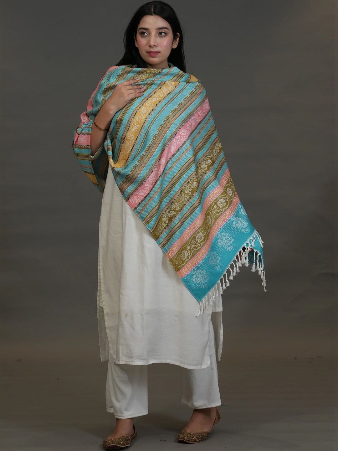 S.T. Women Striped Woven Design Acrylic Shawl thumbnail 4