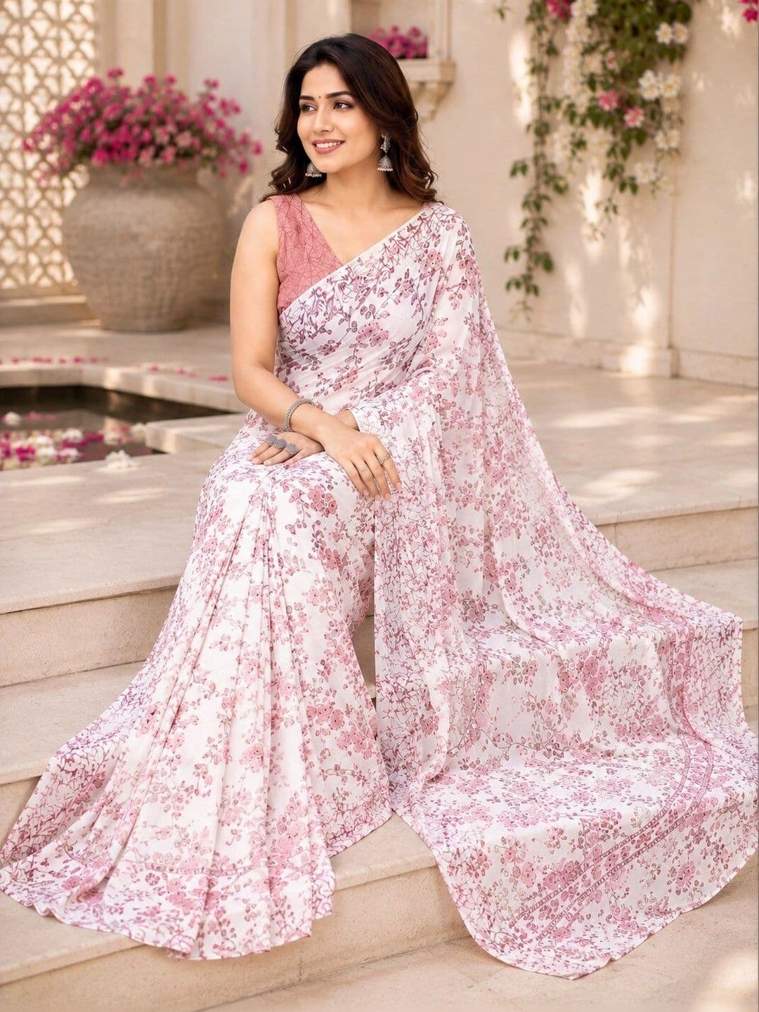 NARIVESH TRENDS Floral Poly Georgette Saree thumbnail 3