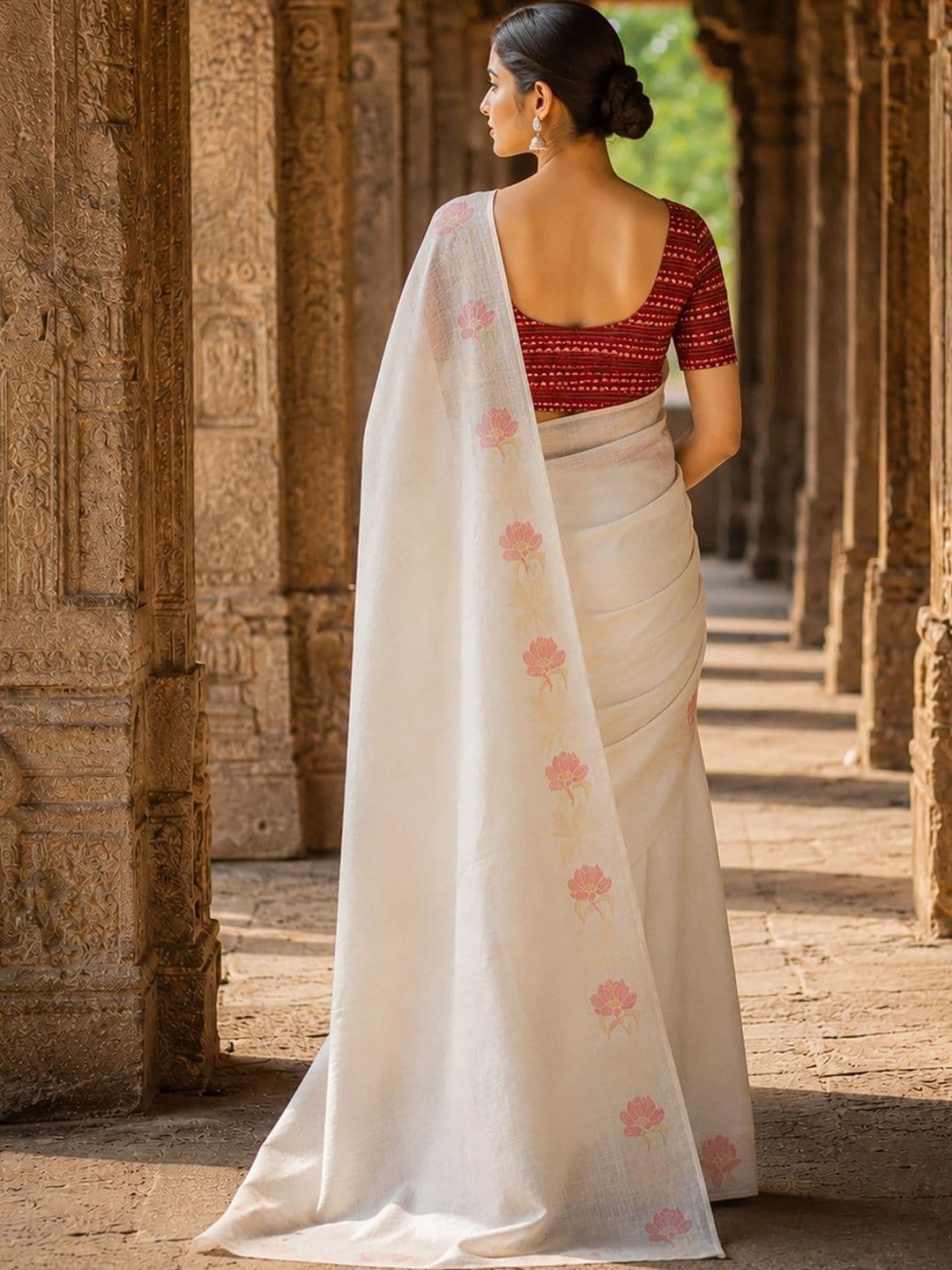 KALINI Floral Linen Blend Designer Block Print Saree thumbnail 5