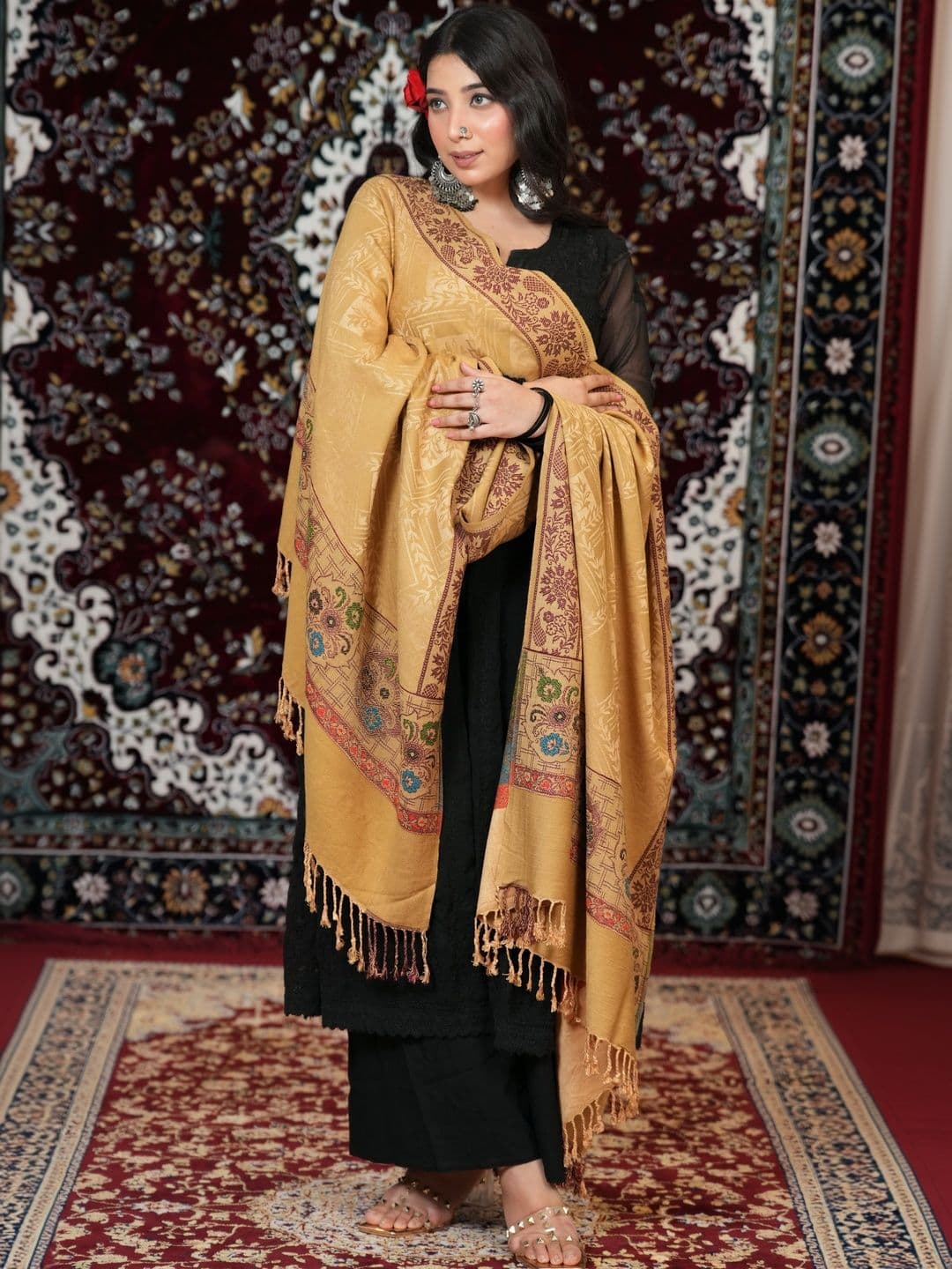 S.T. Women Ethnic Motifs Woven Design Acrylic Shawl thumbnail 4