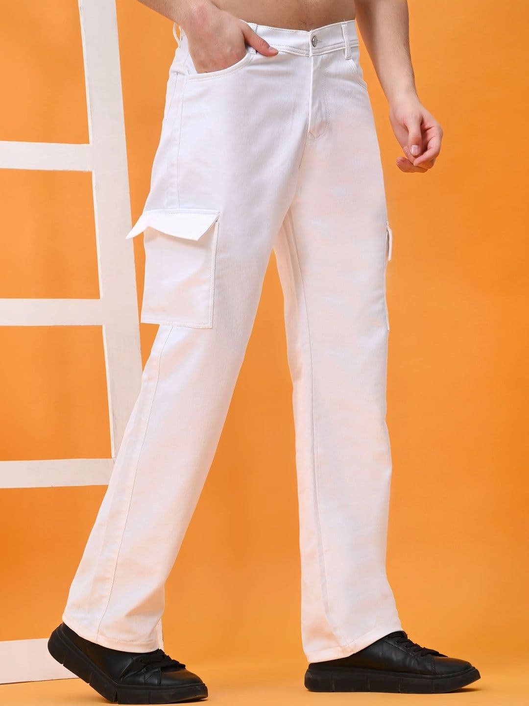 HERE&NOW Men's Coated White Mid-Rise Cargo Straight Fit Jeans thumbnail 4