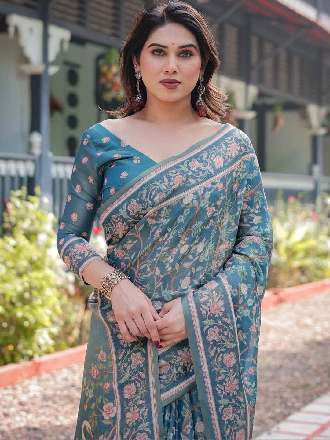 saneria silk Floral Linen Blend Chanderi Saree thumbnail 5