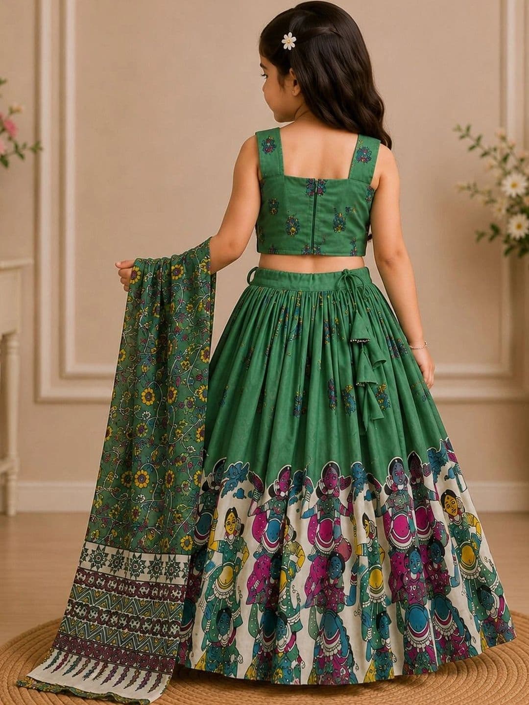 KALINI Girls Printed Kalamkari Ready to Wear Lehenga & Blouse With Dupatta thumbnail 2