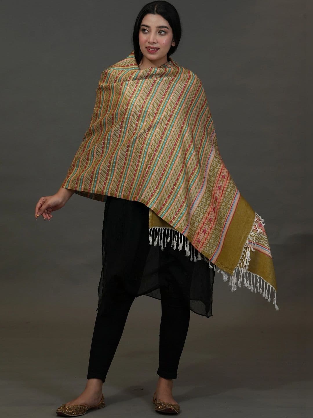 S.T. Women Striped Woven Design Acrylic Shawl thumbnail 5