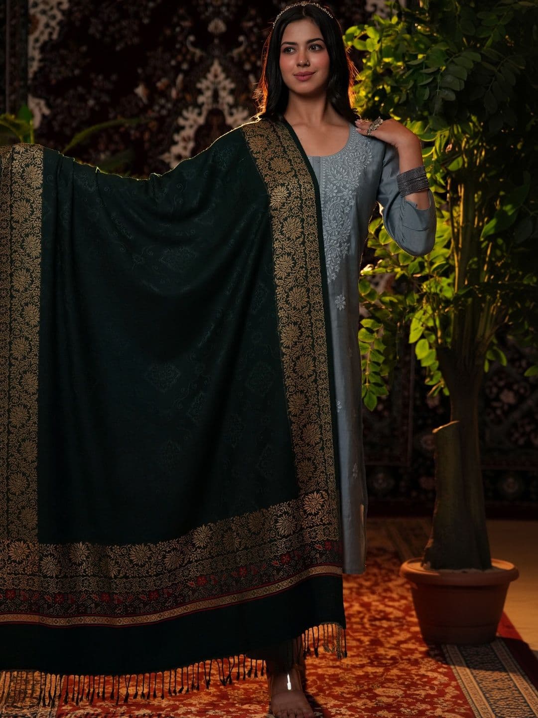 S.T. Women Ethnic Motifs Woven Design Acrylic Shawl thumbnail 4
