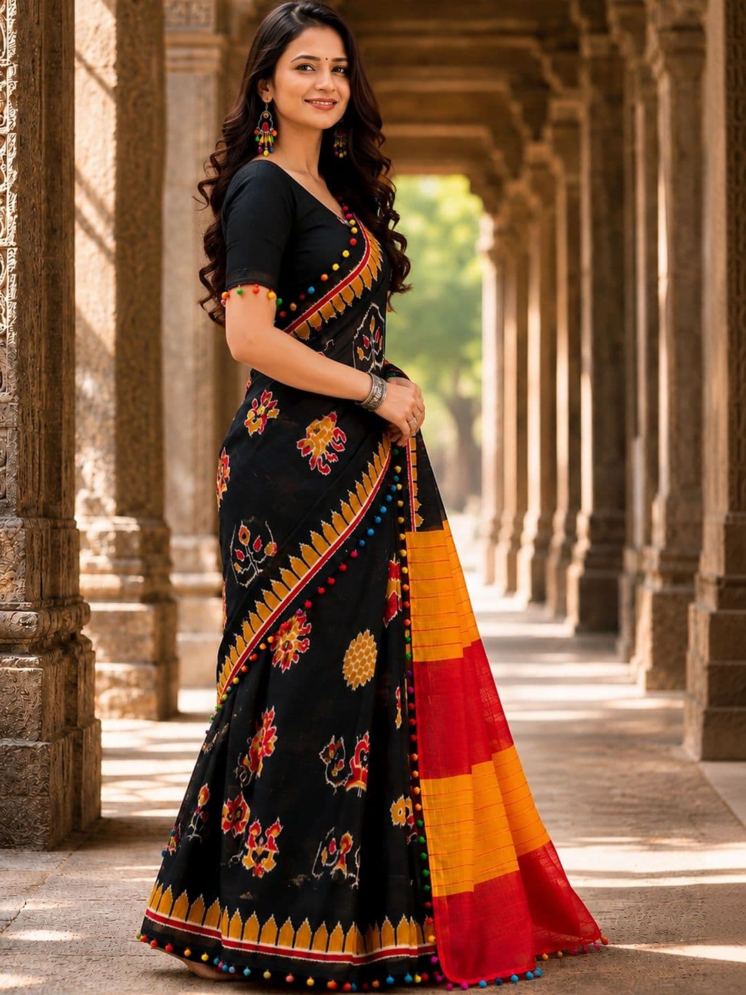 KALINI Linen Blend Designer Block Print Saree thumbnail 3