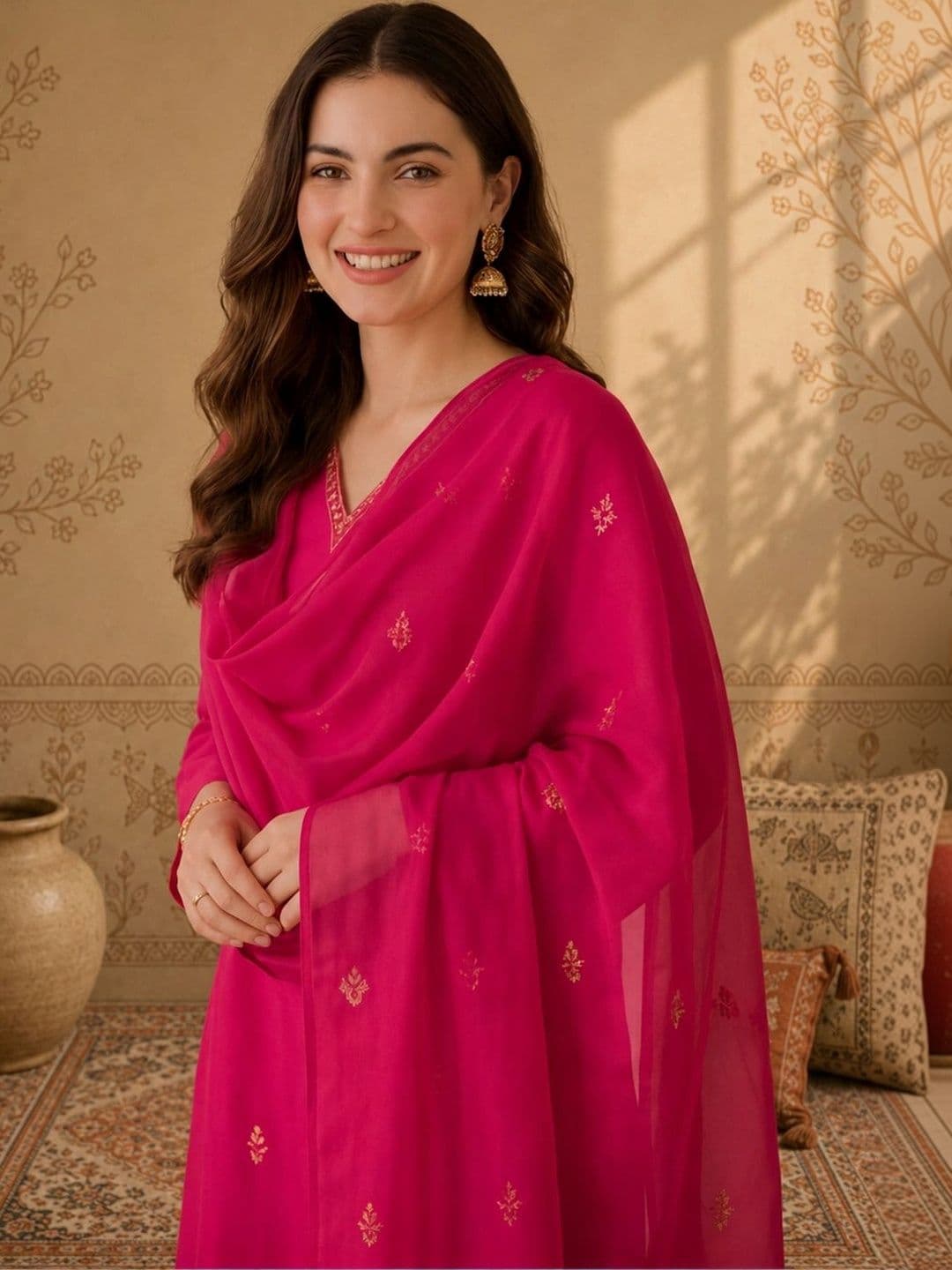 Anouk Women Ethnic Motifs Embroidered Regular Thread Work Pure Cotton Kurta with Trousers & With Dupatta thumbnail 5