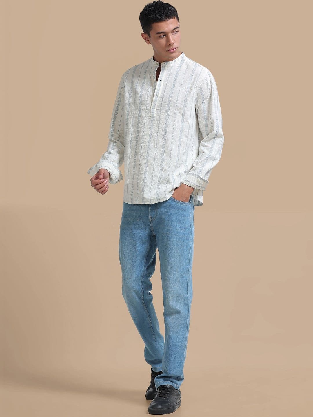 StitchX Men's Pure Cotton Striped Mandarin Collar Kurta Shirt thumbnail 4