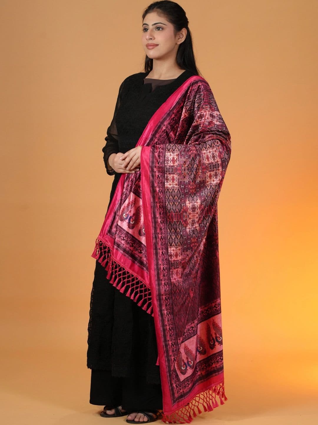 S.T. Women Ethnic Motifs Printed Velvet Shawl thumbnail 2