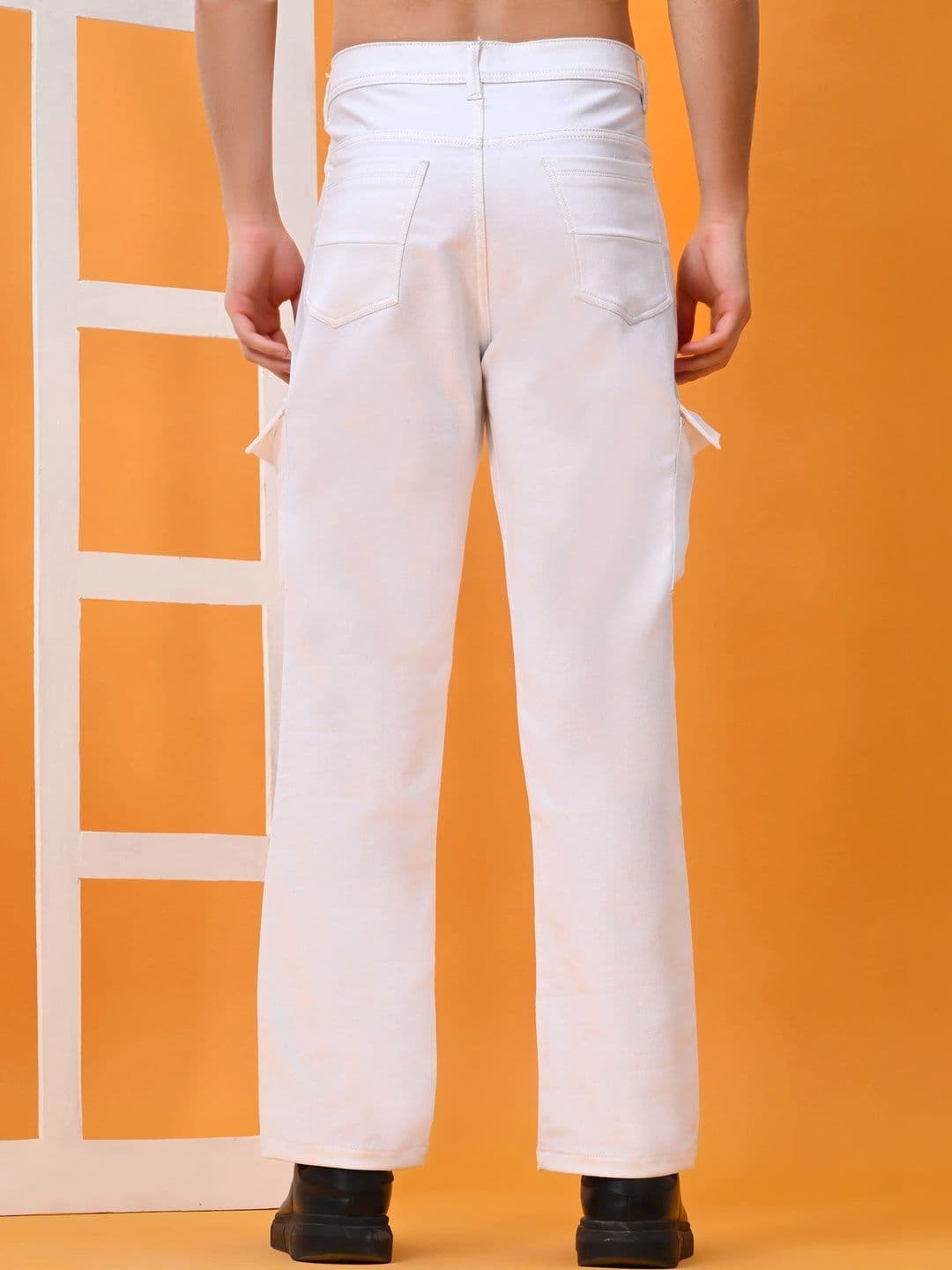 HERE&NOW Men's Coated White Mid-Rise Cargo Straight Fit Jeans thumbnail 2