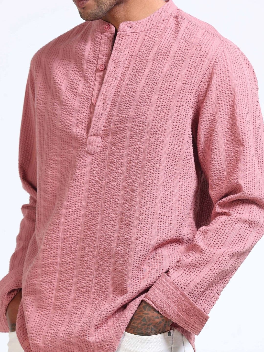 StitchX Men Seersucker Band Collar Pure Cotton Striped Kurta Shirt thumbnail 4