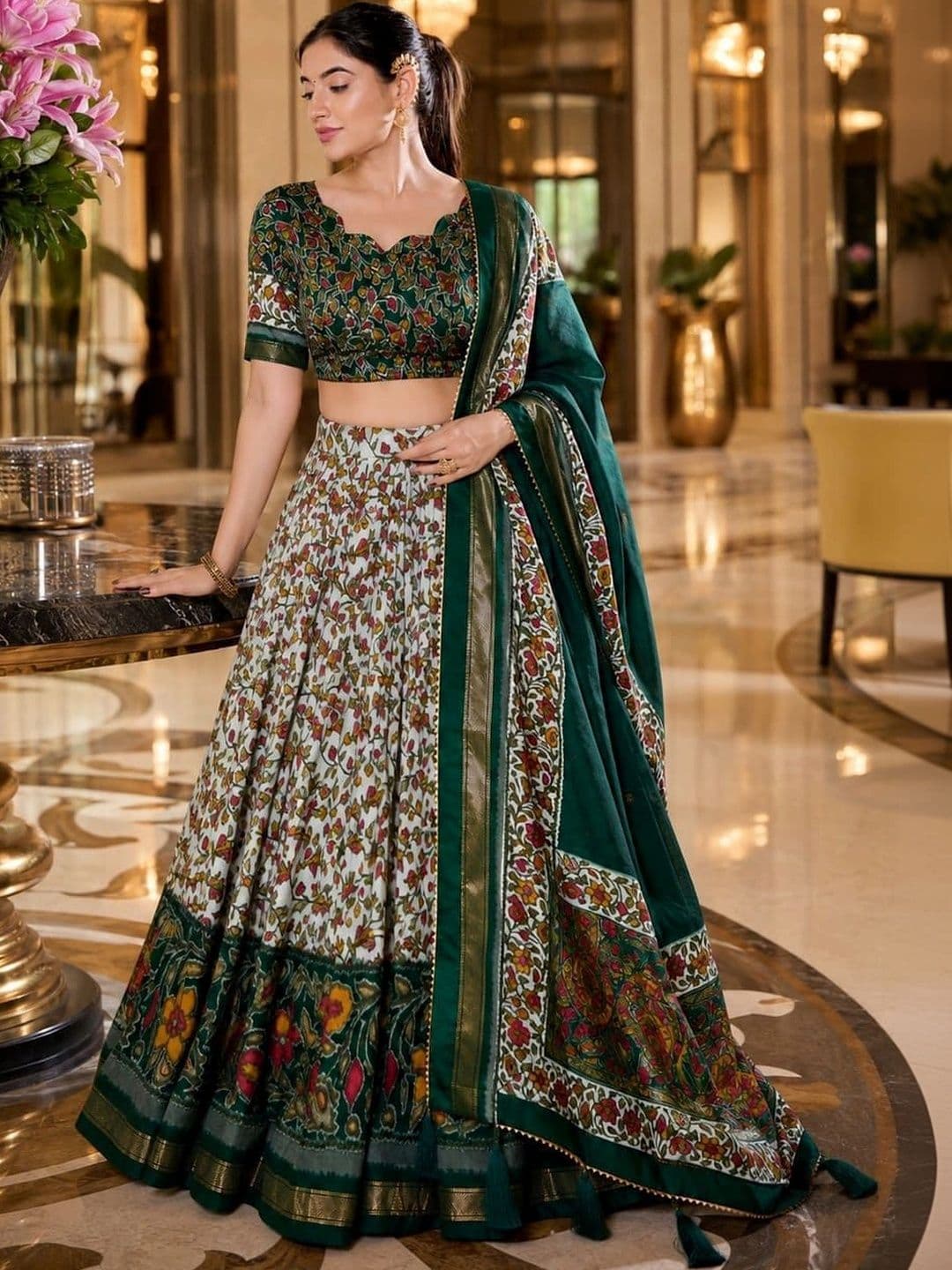 House of Pataudi Women Printed Kalamkari Semi-Stitched Lehenga & Unstitched Blouse thumbnail 4
