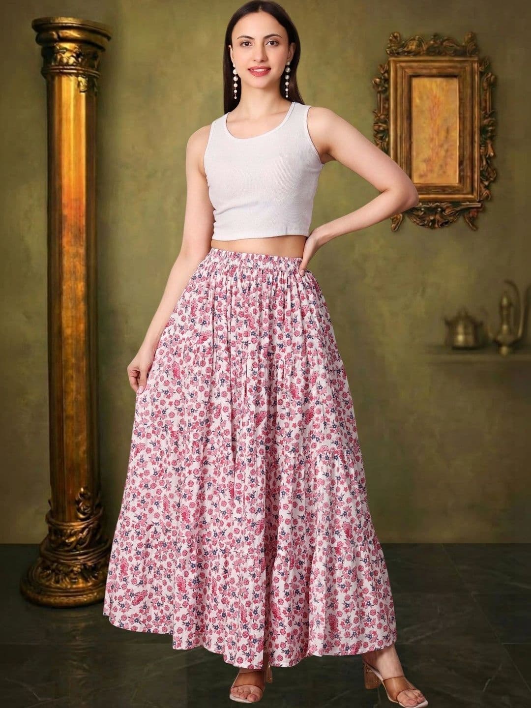 House of Sakhhi Women Pure Cotton Blend Floral Maxi Flared Skirt thumbnail 5