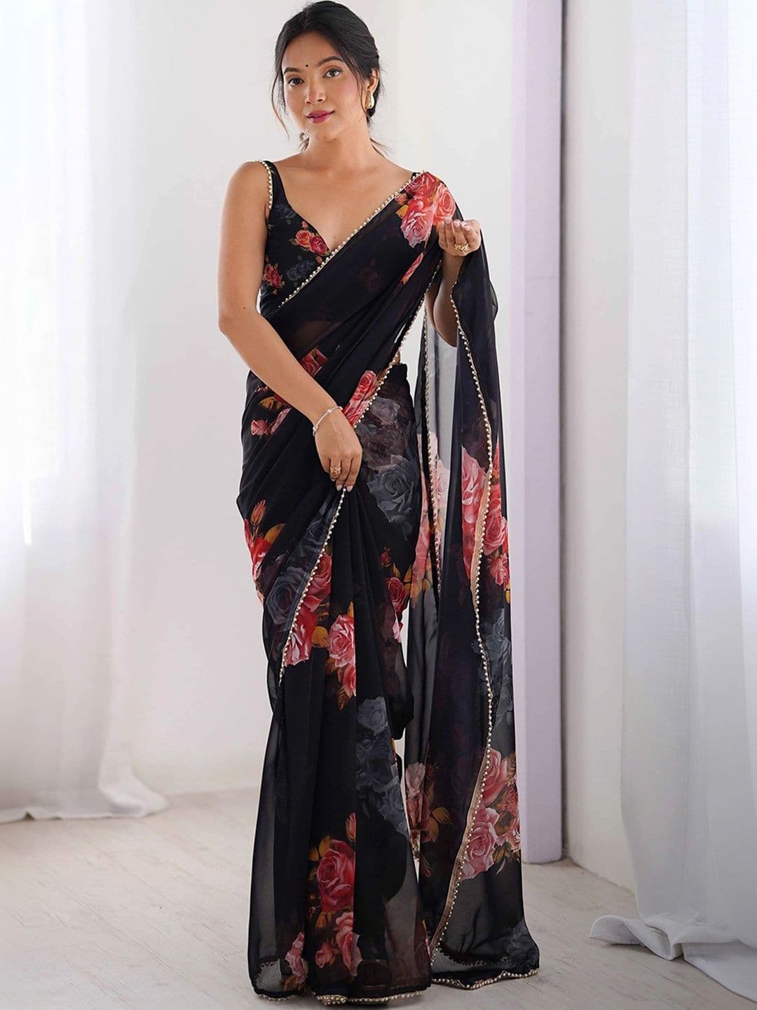 KALINI Floral Beads and Stones Pure Georgette Saree - view 1