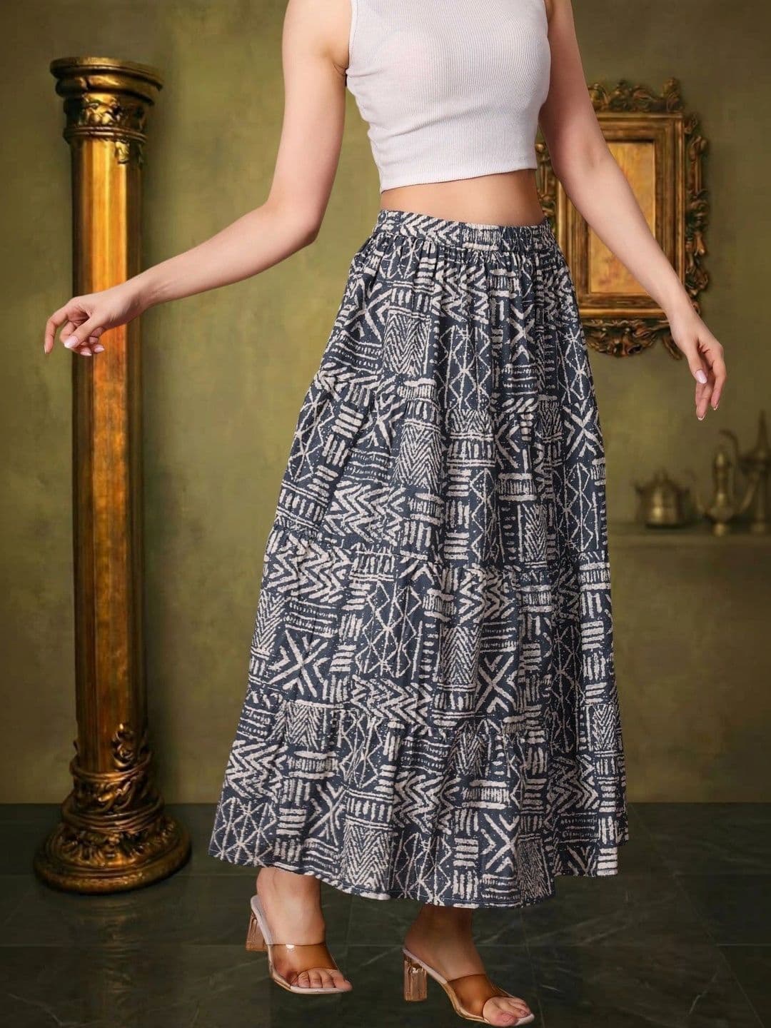 House of Sakhhi Women Pure Cotton Blend Geometric Tribal or Aztec Print Maxi Flared Skirt thumbnail 4