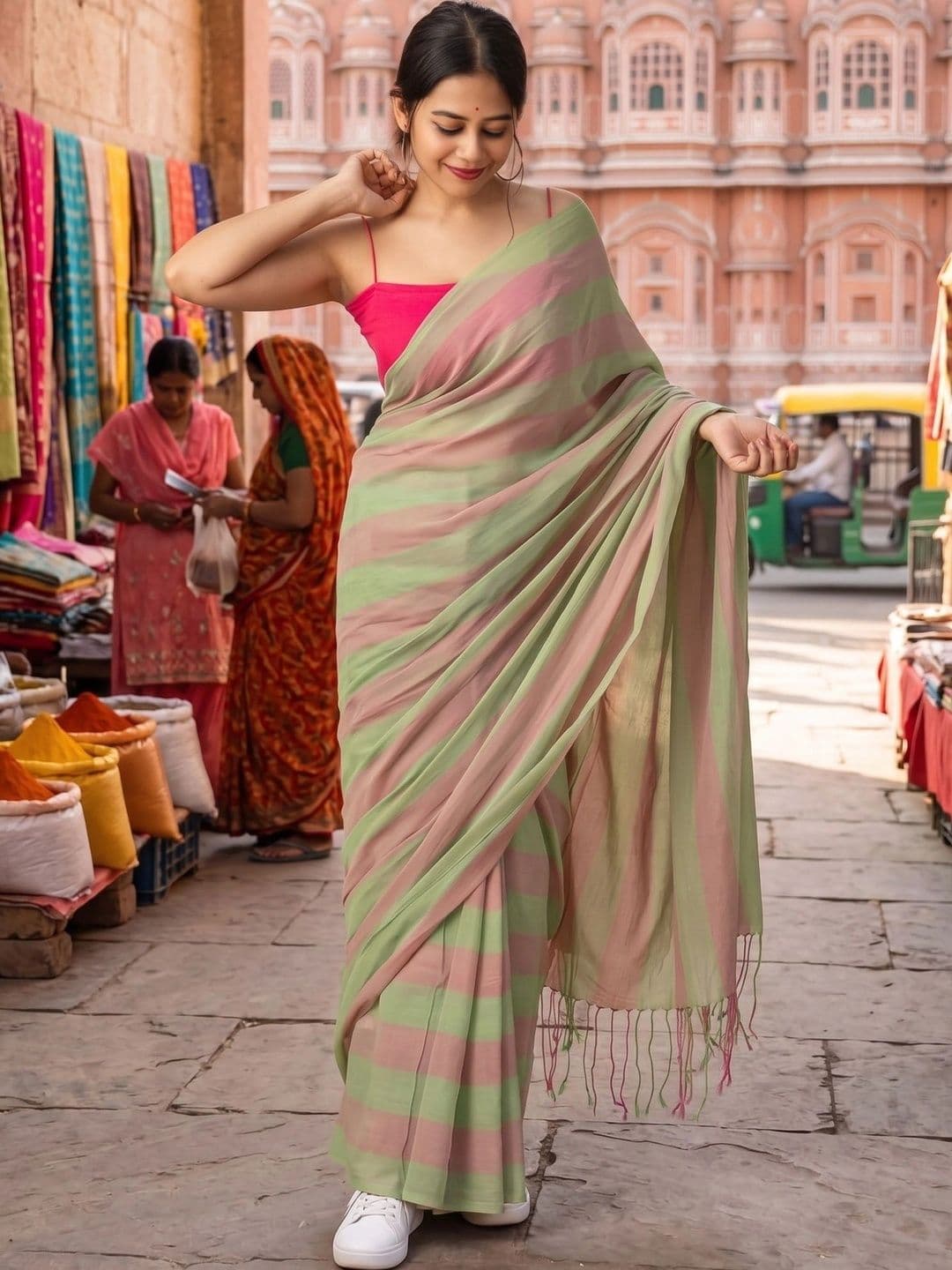AdoreeStitch Striped Zari Linen Blend Saree - view 1