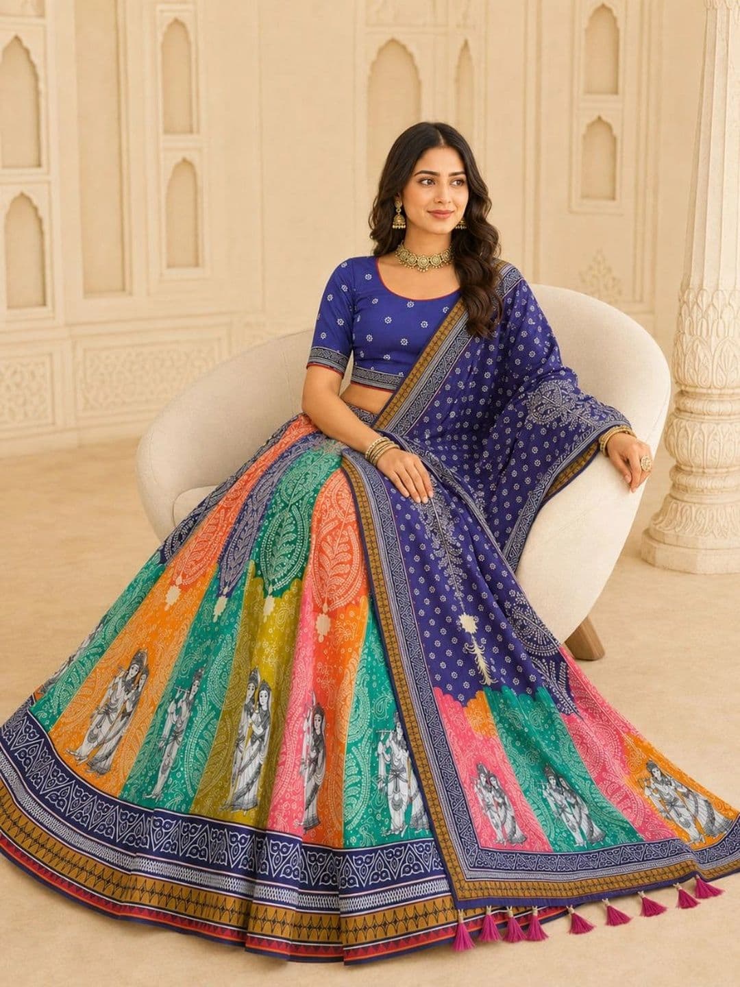 KAHIRAA WHOLETEX Printed Semi-Stitched Lehenga & Unstitched Blouse With Dupatta thumbnail 7