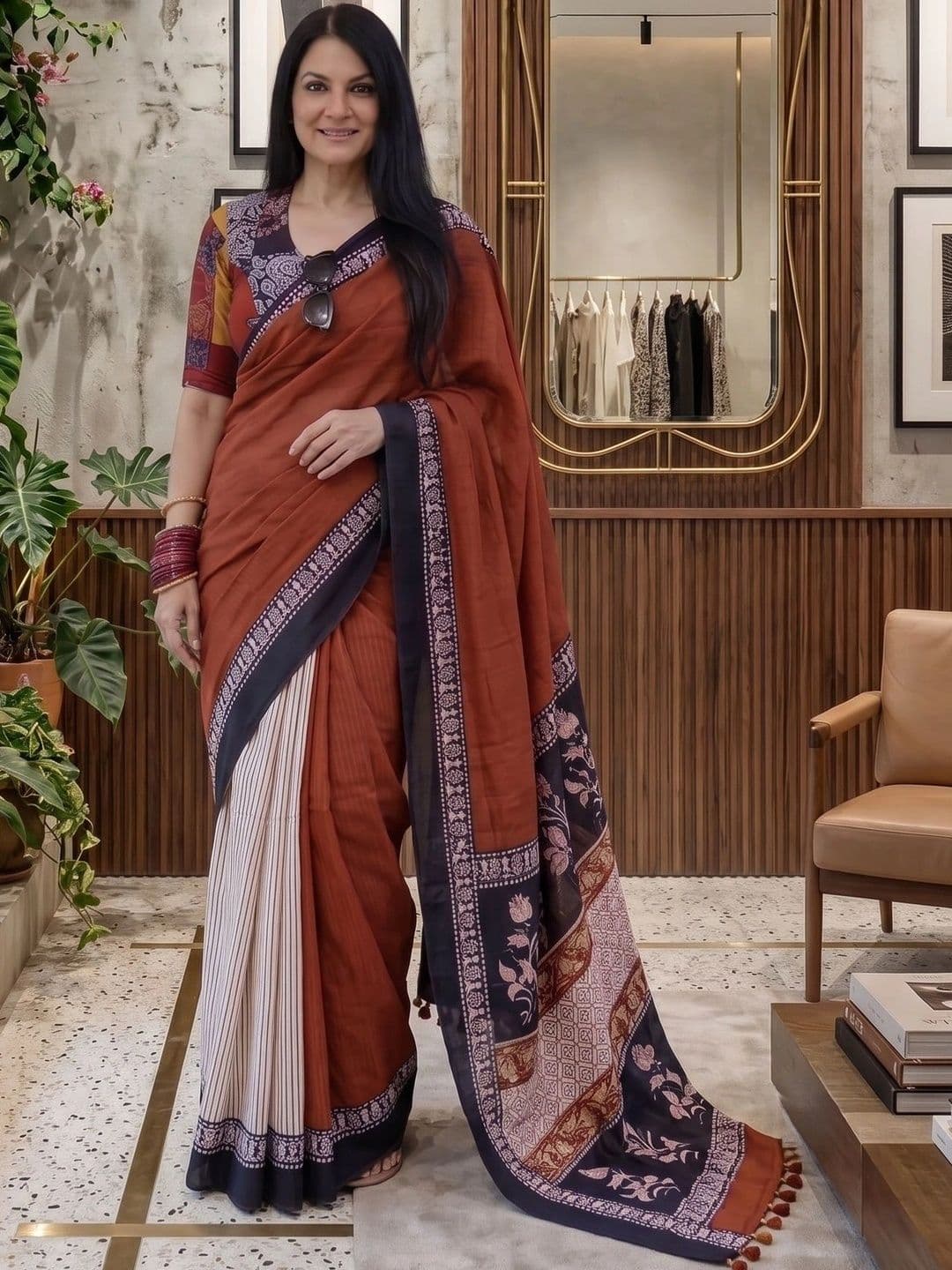 AAVEE Striped Zari Linen Blend Saree - view 1