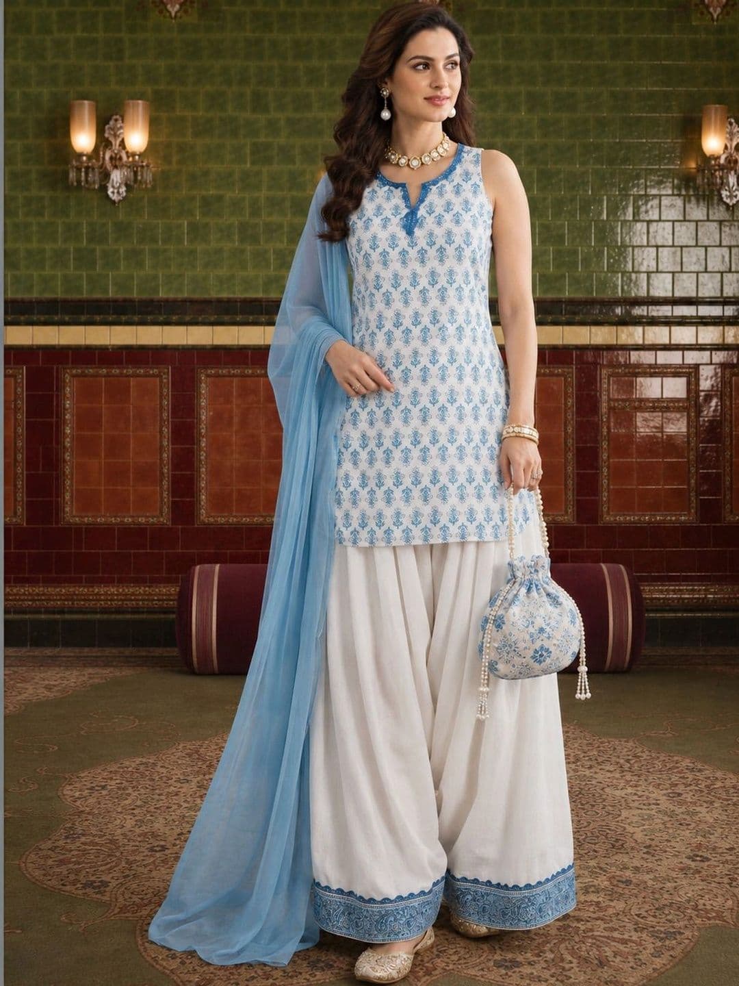 House of Pataudi Women Floral Printed Regular Pure Cotton Kurta with Farshi Salwar & With Dupatta - view 1