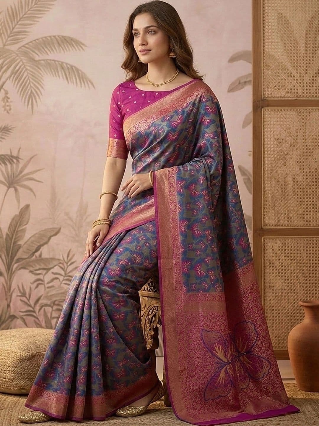 Sangria Women Floral Woven Design Zari Saree thumbnail 2