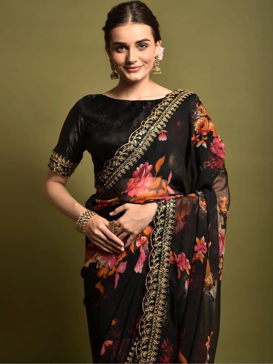 KALINI Floral Embroidered Pure Chiffon Saree thumbnail 2