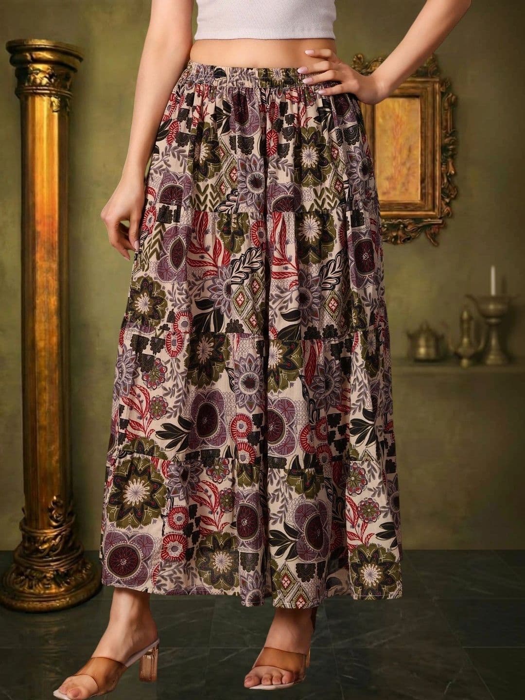 House of Sakhhi Women Pure Cotton Blend Floral Maxi Tiered Skirt thumbnail 2