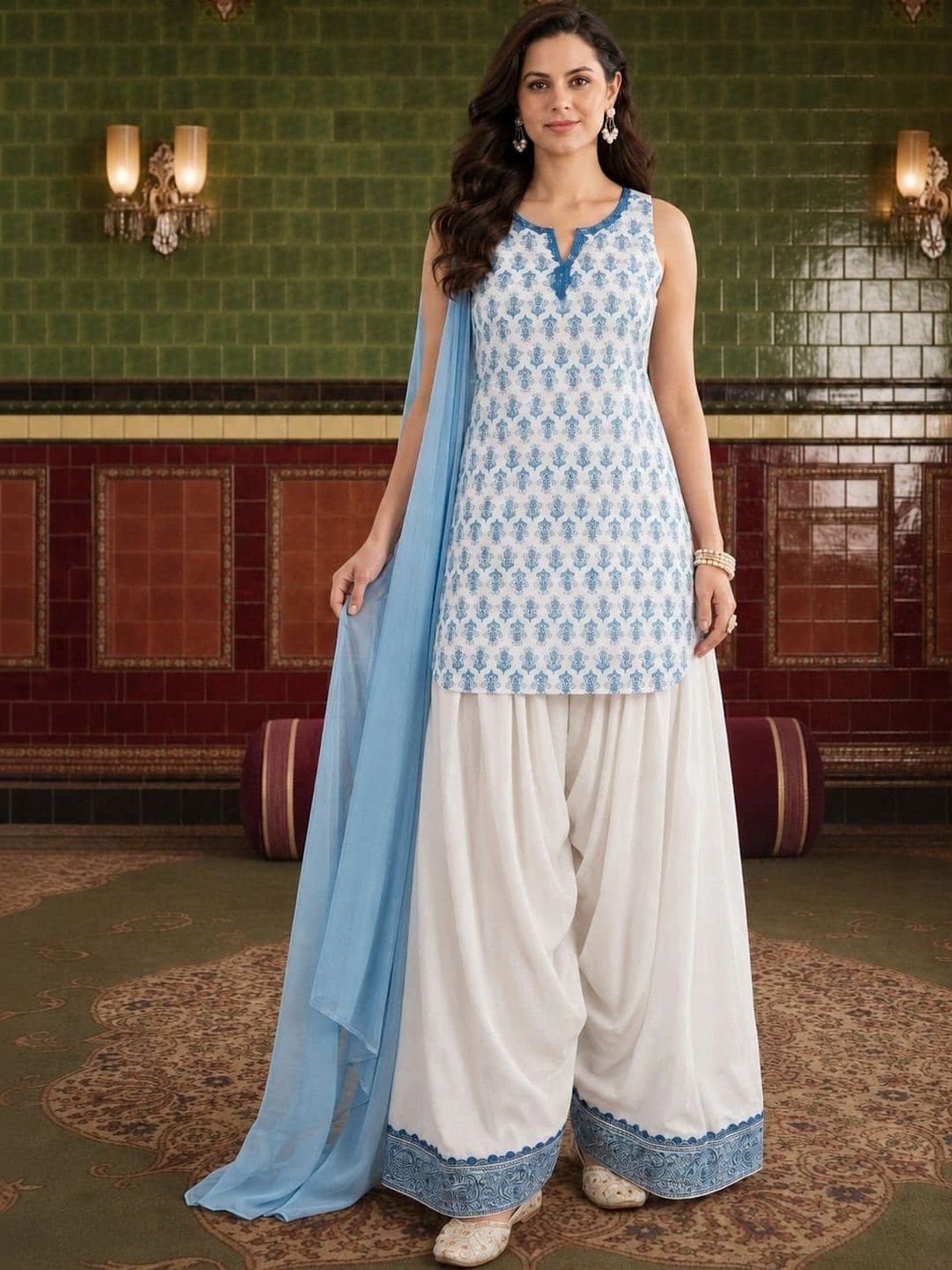 House of Pataudi Women Floral Printed Regular Pure Cotton Kurta with Farshi Salwar & With Dupatta thumbnail 5
