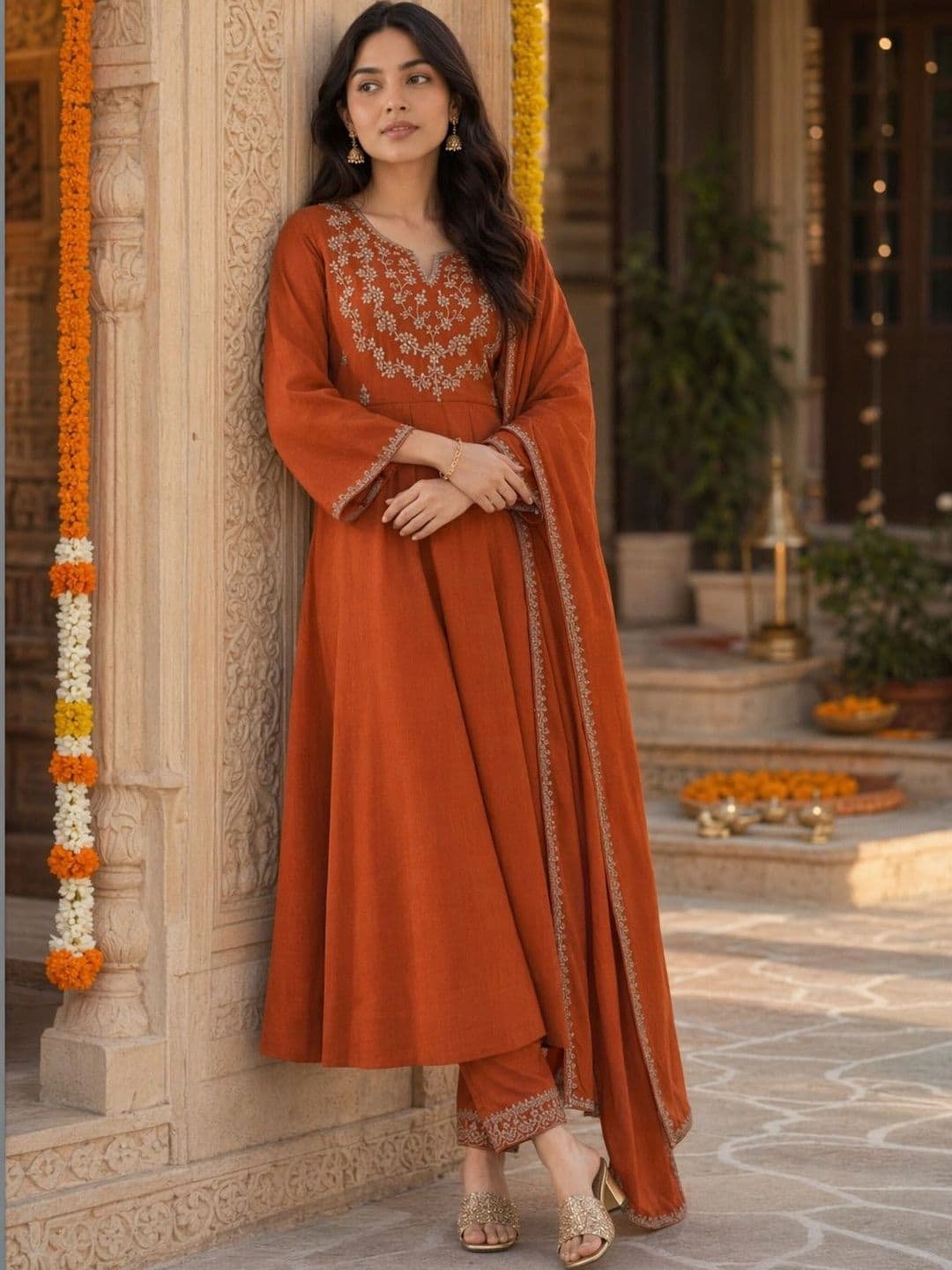 Sangria Women Ethnic Motifs Embroidered Empire Thread Work Kurta with Trousers & With Dupatta thumbnail 3
