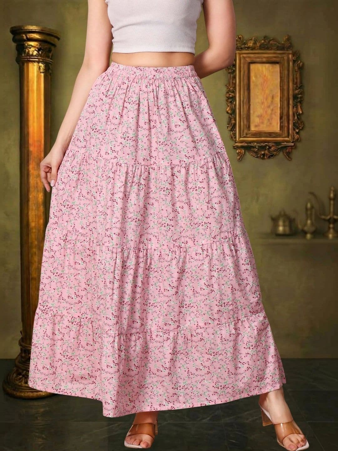 House of Sakhhi Women Pure Cotton Blend Floral Micro or Ditsy Print Maxi Tiered Skirt - view 1