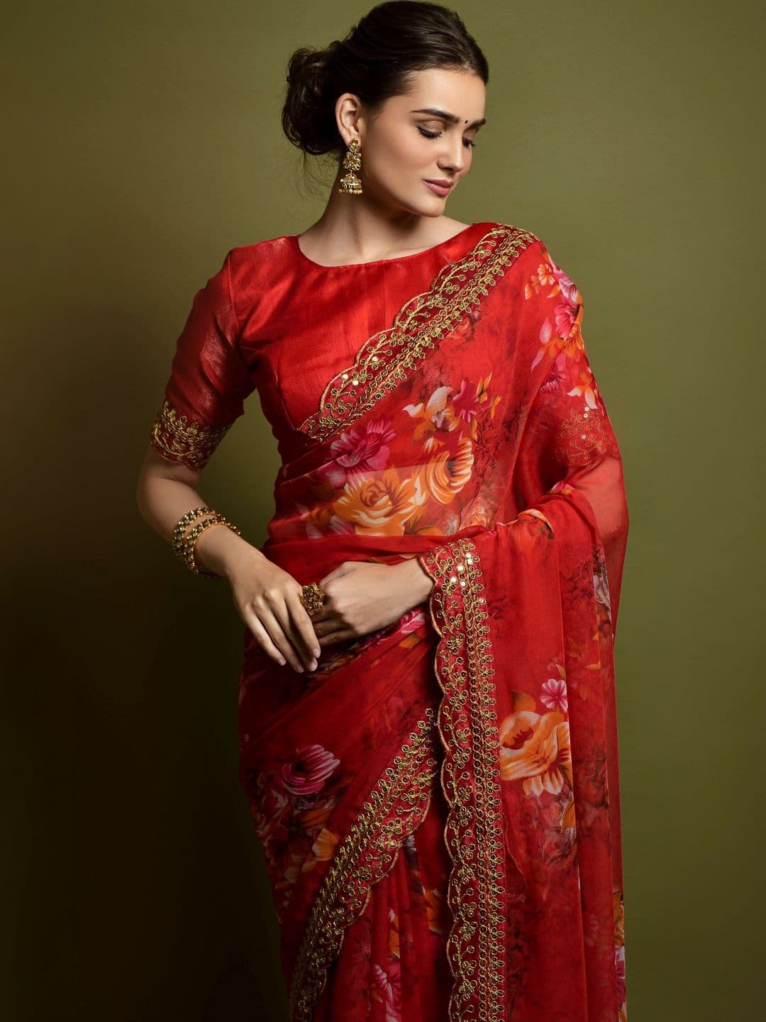 KALINI Floral Embroidered Pure Chiffon Saree thumbnail 2
