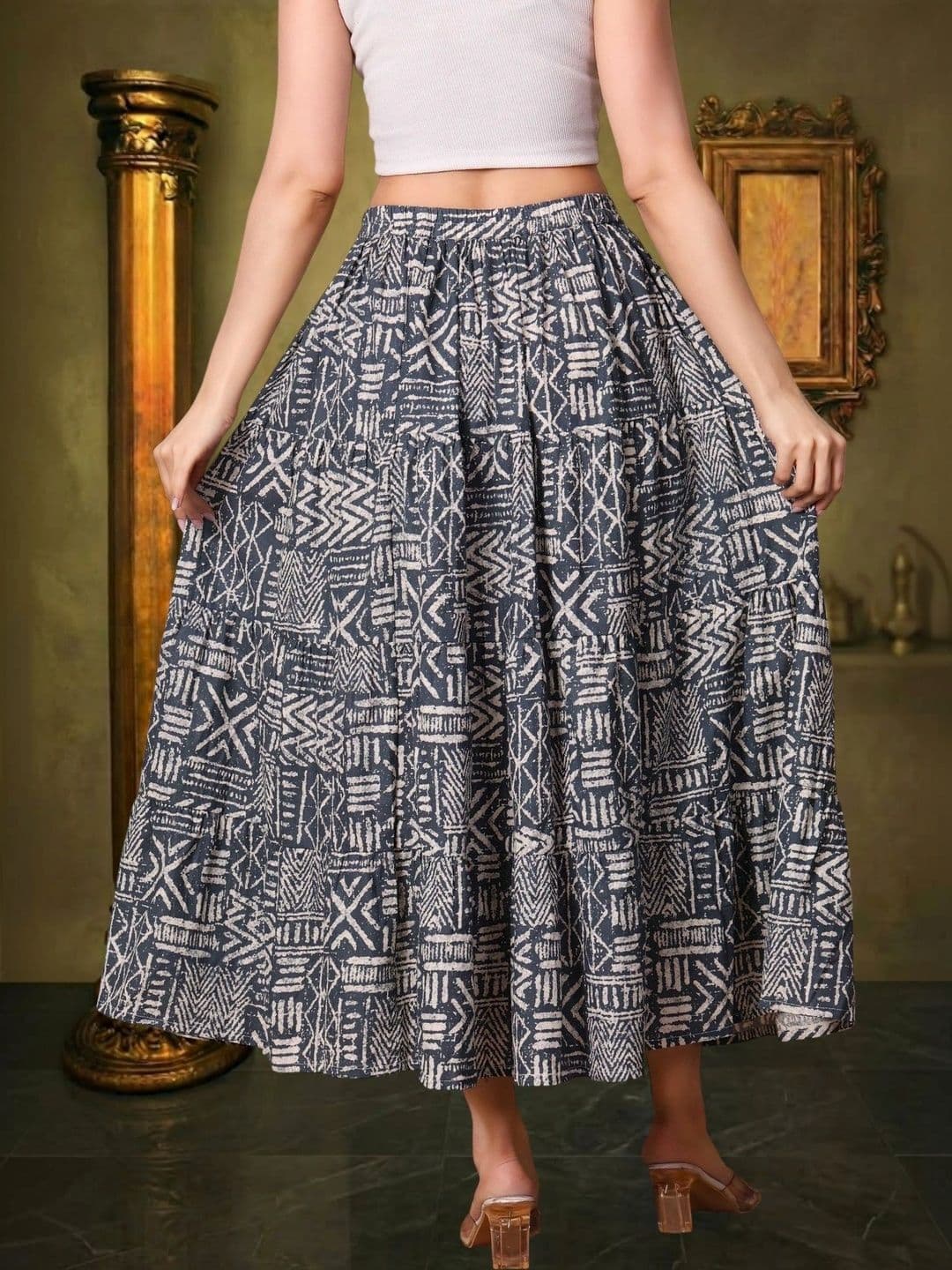 House of Sakhhi Women Pure Cotton Blend Geometric Tribal or Aztec Print Maxi Flared Skirt thumbnail 2