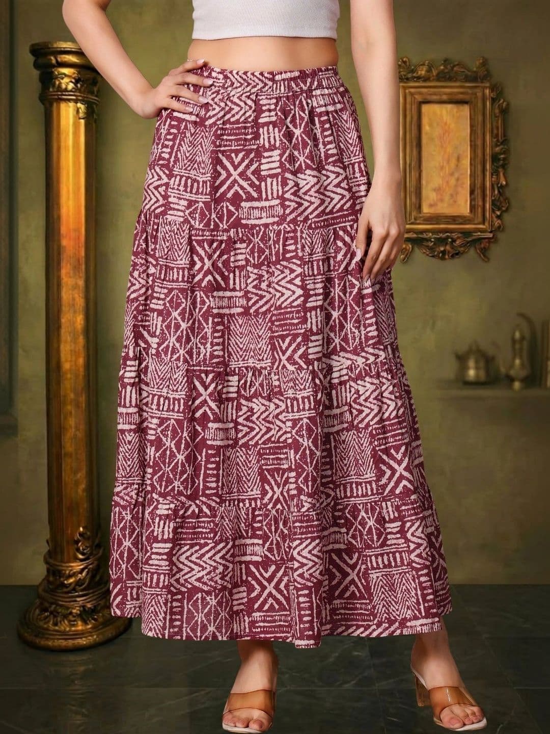 House of Sakhhi Women Pure Cotton Blend Geometric Maxi Tiered Skirt - view 1