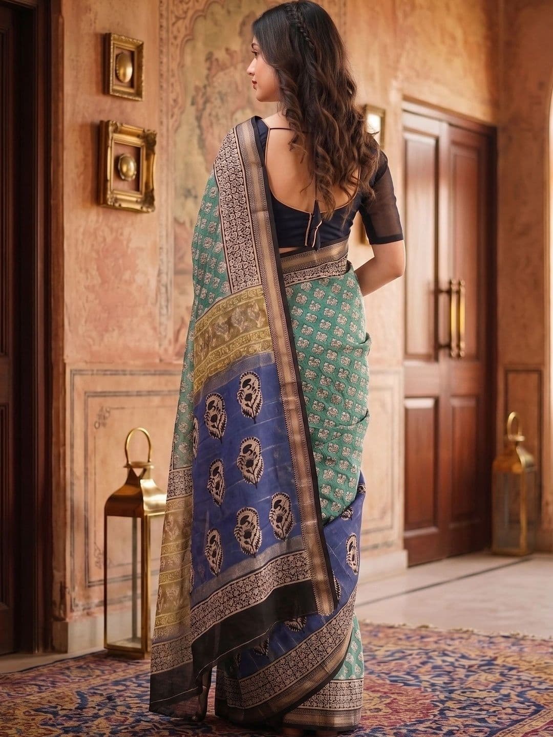 Narayan creations Woven Design Zari Linen Blend Saree thumbnail 5