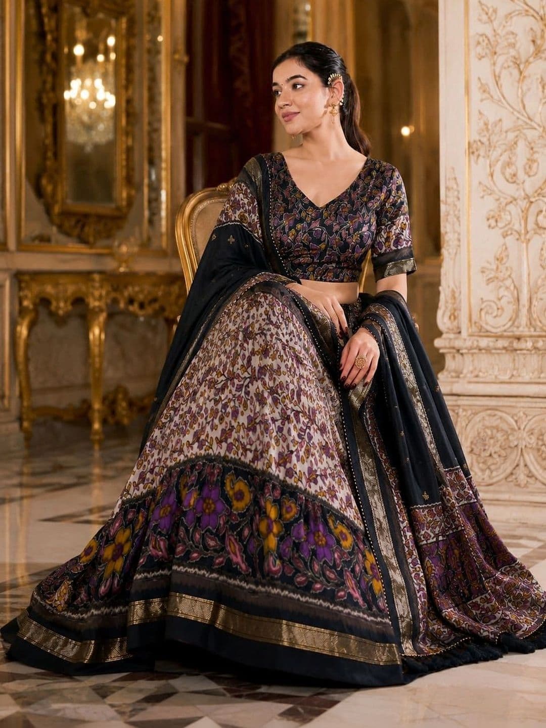 House of Pataudi Printed Semi-Stitched Lehenga & Unstitched Blouse thumbnail 3