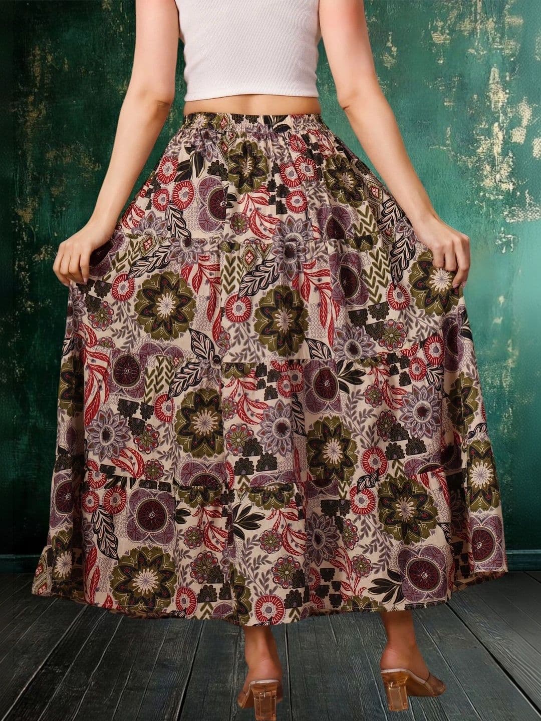 House of Sakhhi Women Pure Cotton Blend Floral Maxi Tiered Skirt thumbnail 2