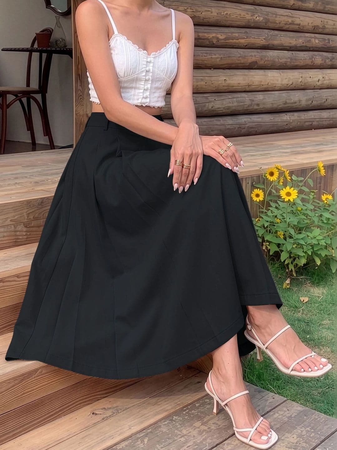 MULVARI Women Cotton Blend Midi Flared Skirt thumbnail 3