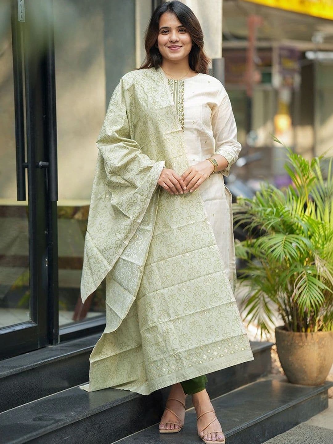 BEAUTYBEATS Women Ethnic Motifs Printed Regular Mirror Work Kurta Trousers & With Dupatta - view 1