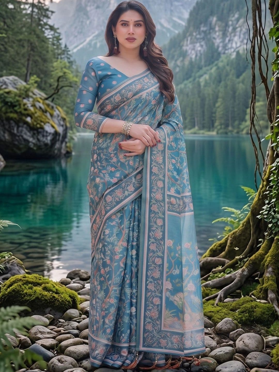 AdoreeStitch Floral Zari Linen Blend Saree - view 1